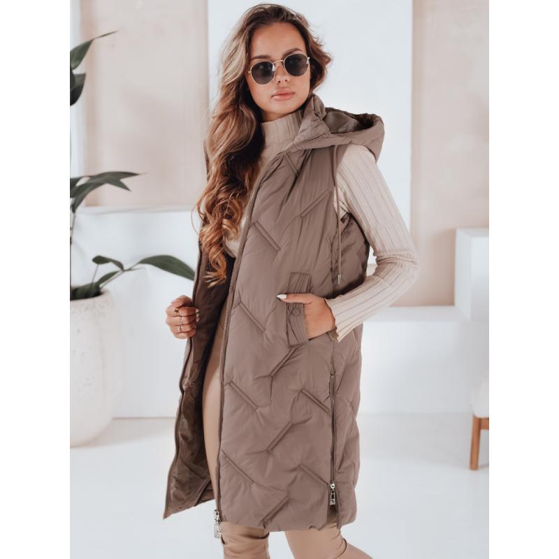 Dámska dlhá prešívaná vesta s kapucňou, tmavá béžová