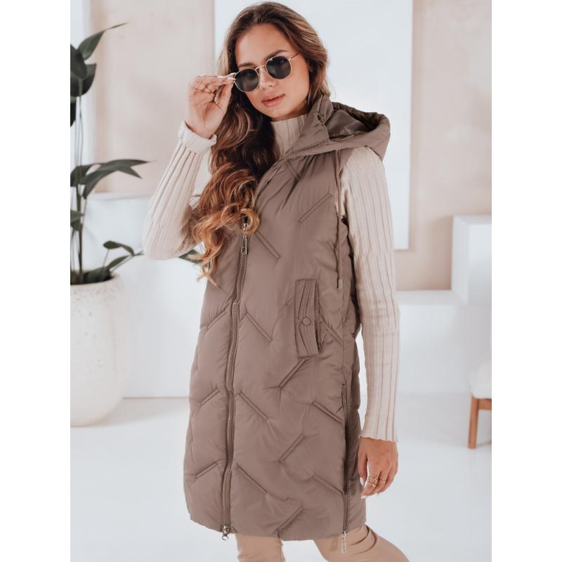 Dámska dlhá prešívaná vesta s kapucňou, tmavá béžová