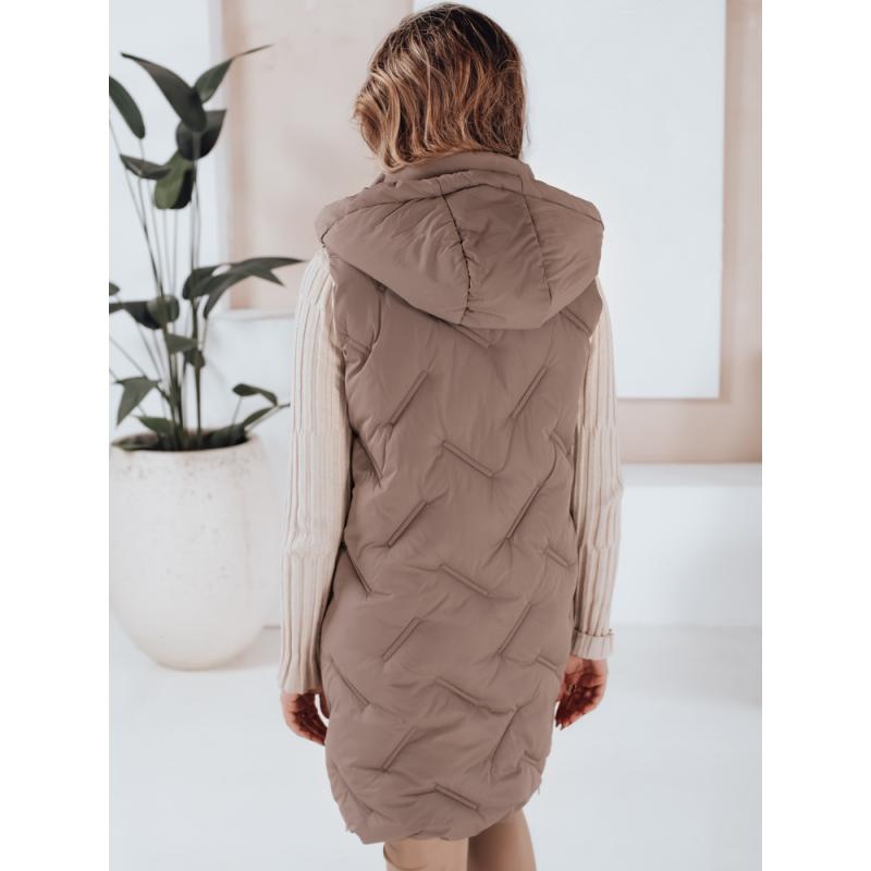 Dámska dlhá prešívaná vesta s kapucňou, tmavá béžová