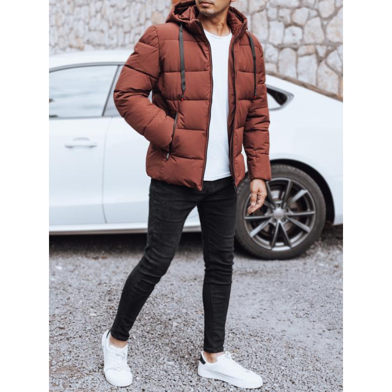 Pánská zimní prošívaná bunda s kapucí, cihlově červená