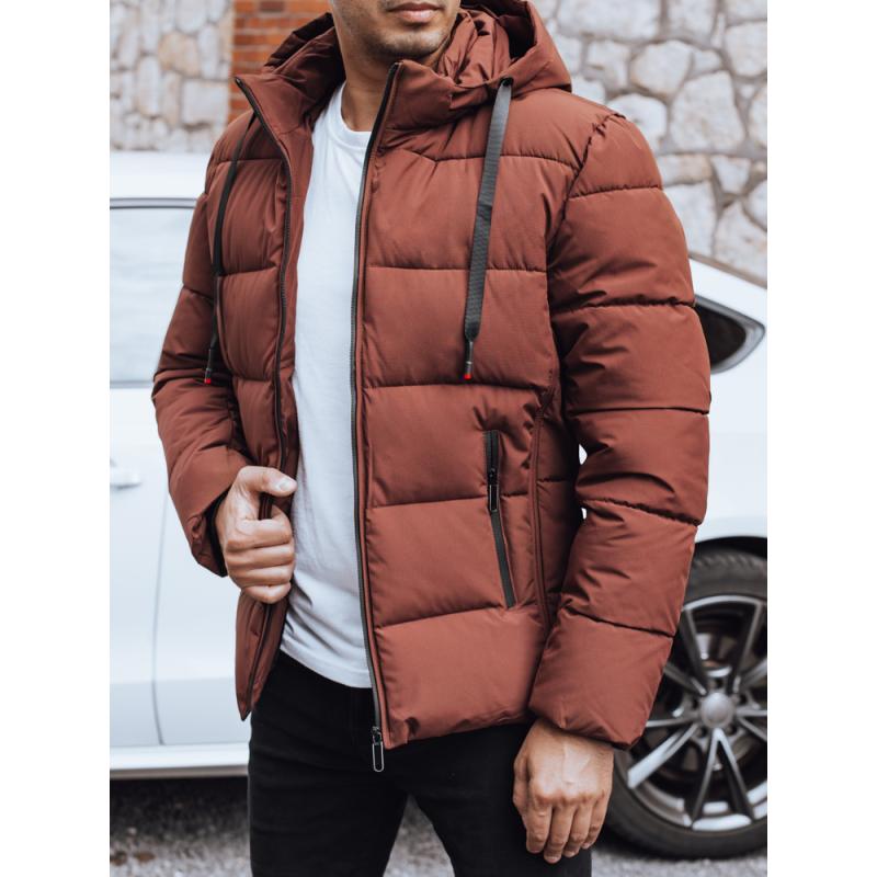 Pánská zimní prošívaná bunda s kapucí, cihlově červená