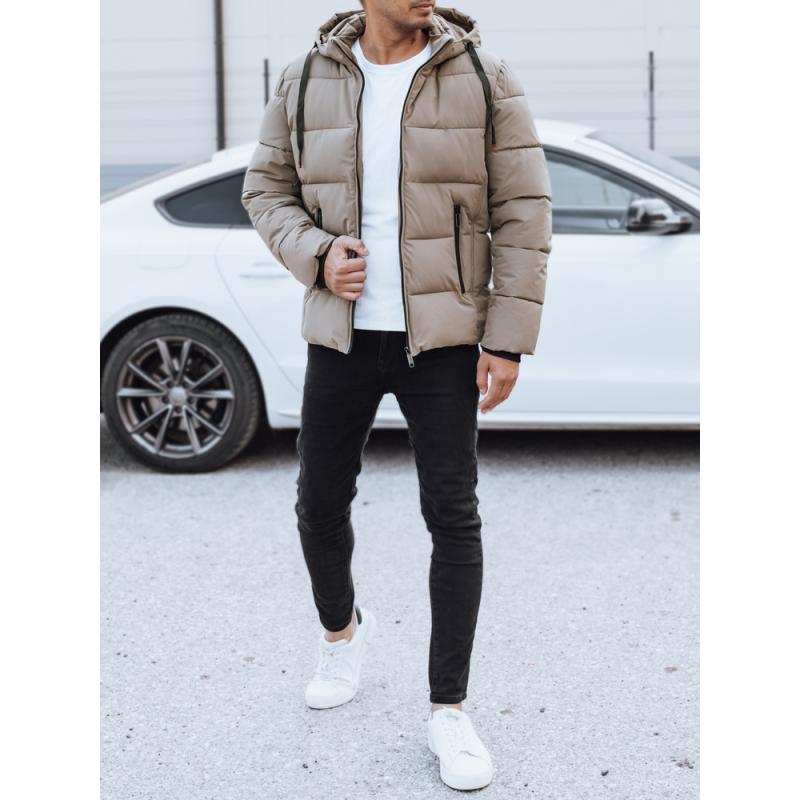Pánská zimní prošívaná bunda s kapucí, béžová