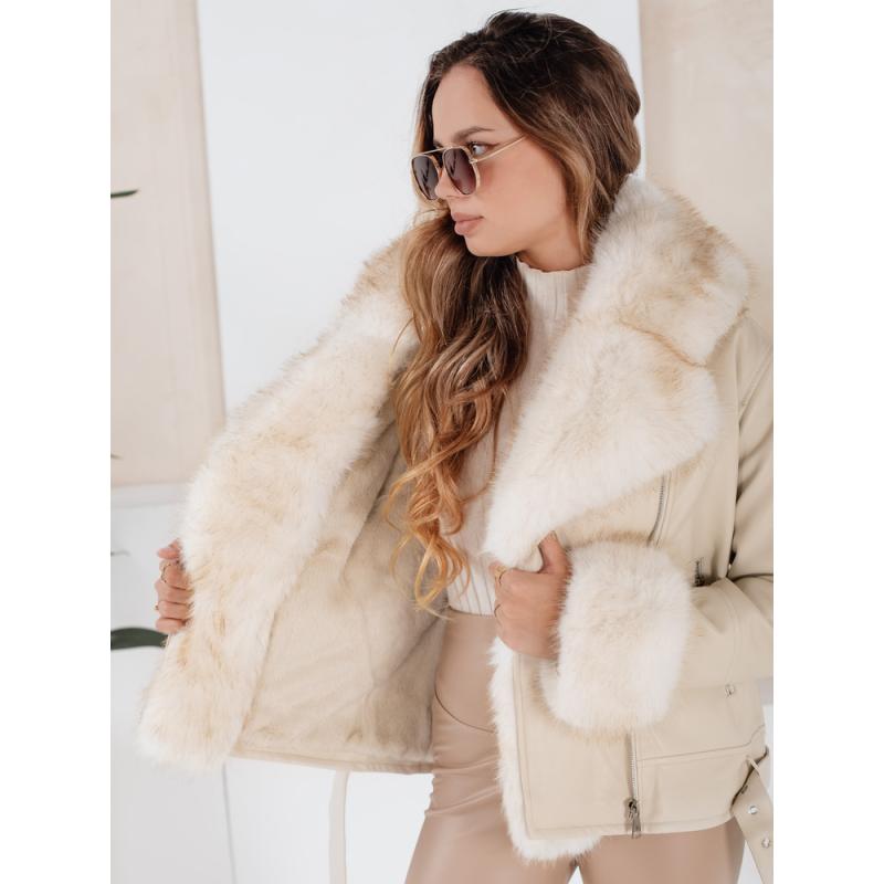 Dámská zimní bunda ramoneska s kožešinou béžová