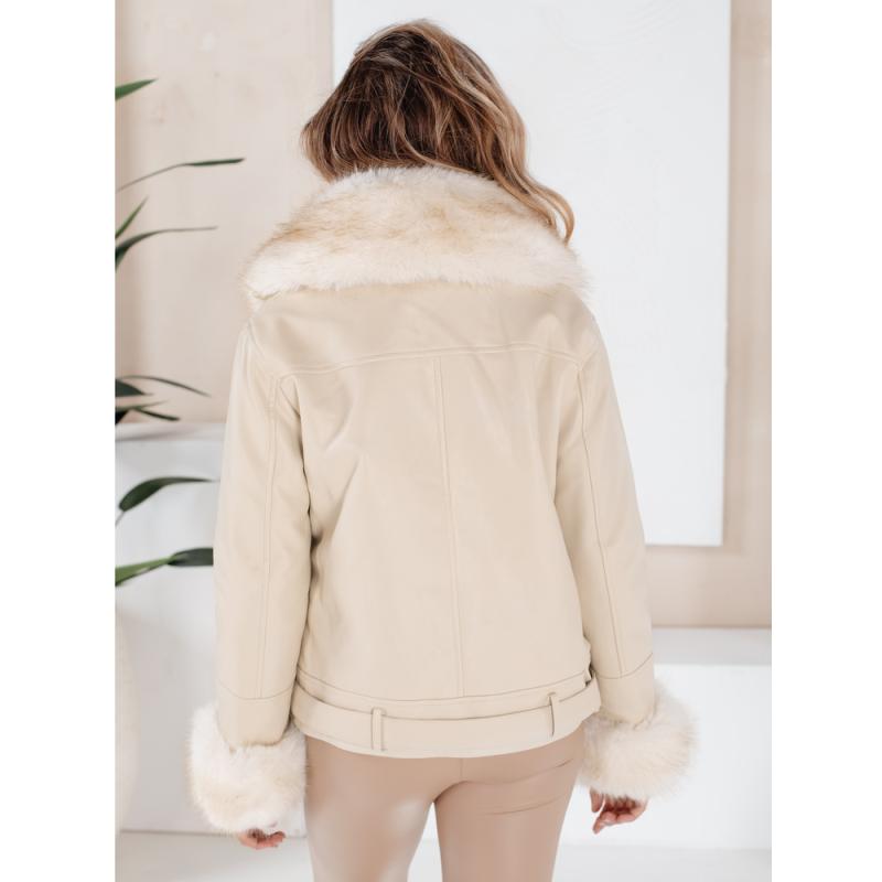 Dámská zimní bunda ramoneska s kožešinou béžová