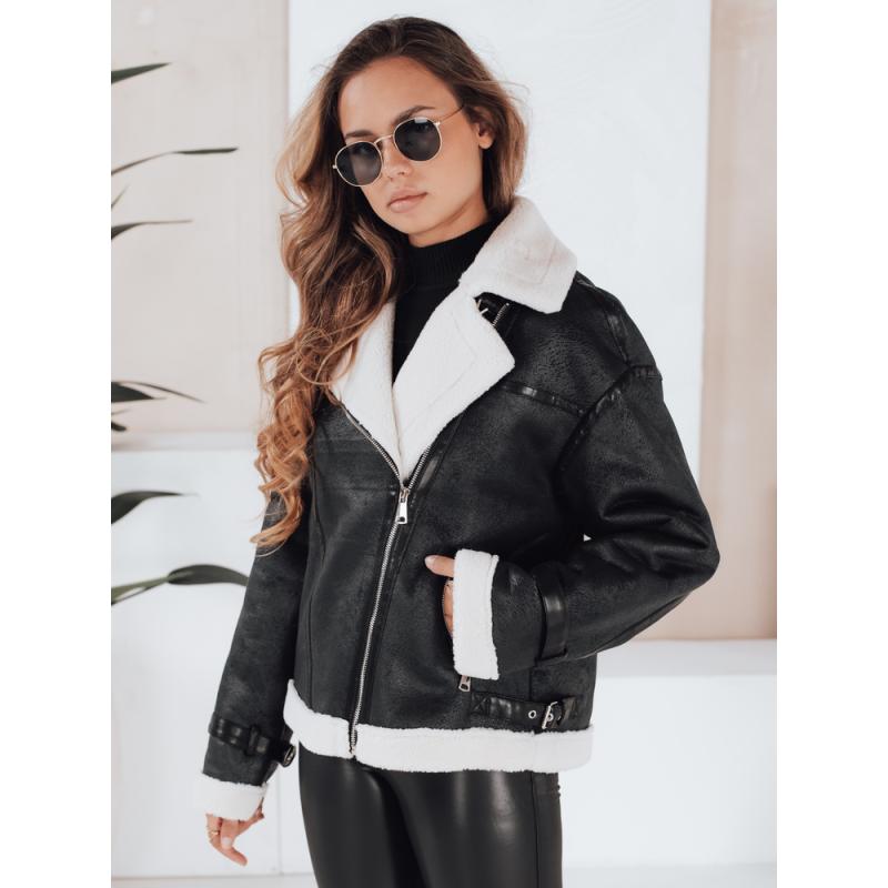 Női téli kabát szőrme gallérral, fekete