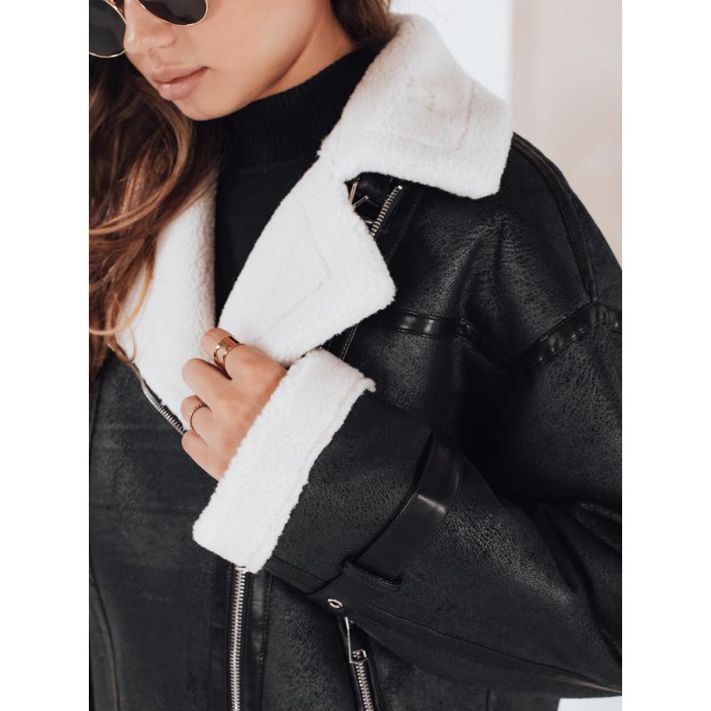 Női téli kabát szőrme gallérral, fekete