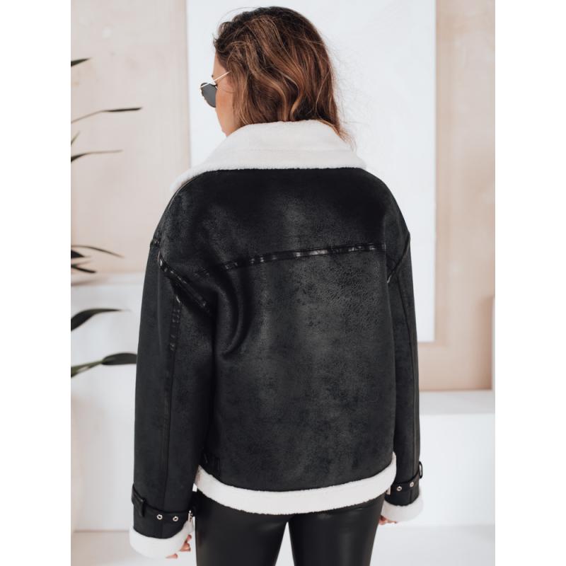 Női téli kabát szőrme gallérral, fekete