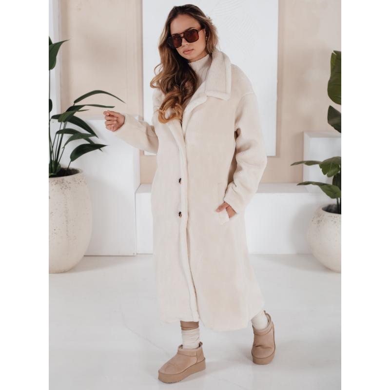 Dámska zimná bunda z dlhej krémovej plyšovej kožušiny