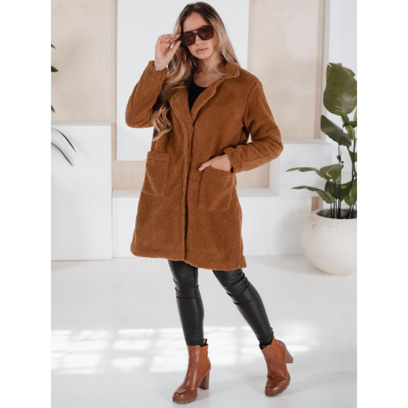Dámska zimná bunda z hnedej plyšovej kožušiny