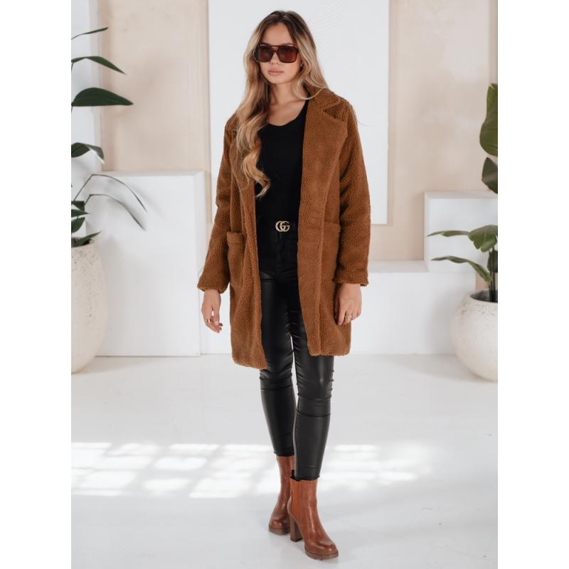 Dámska zimná bunda z hnedej plyšovej kožušiny