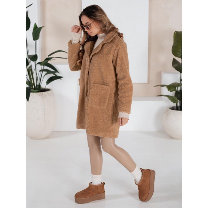 Dámska zimná bunda z plyšovej kožušiny, kamelová
