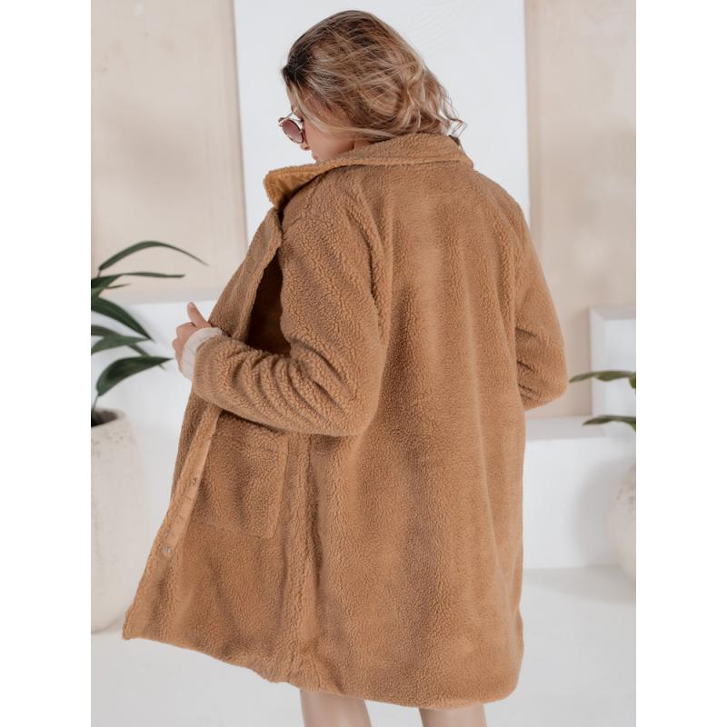 Dámska zimná bunda z plyšovej kožušiny, kamelová