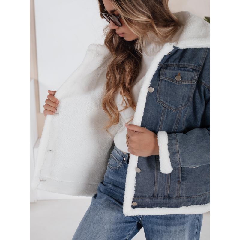 Dámska denimová zimná bunda s kožušinou, modrá