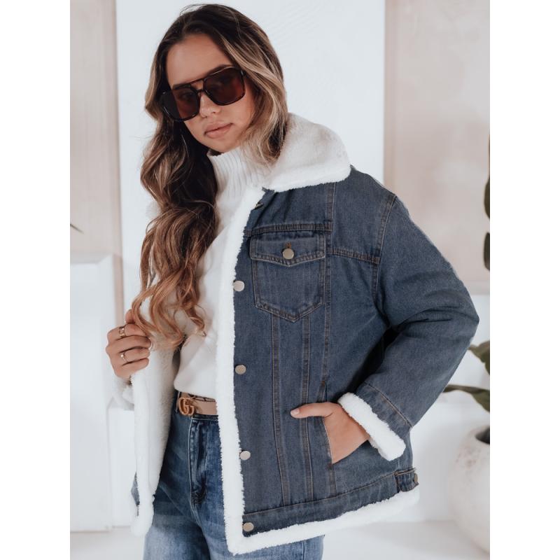 Dámska denimová zimná bunda s kožušinou, modrá