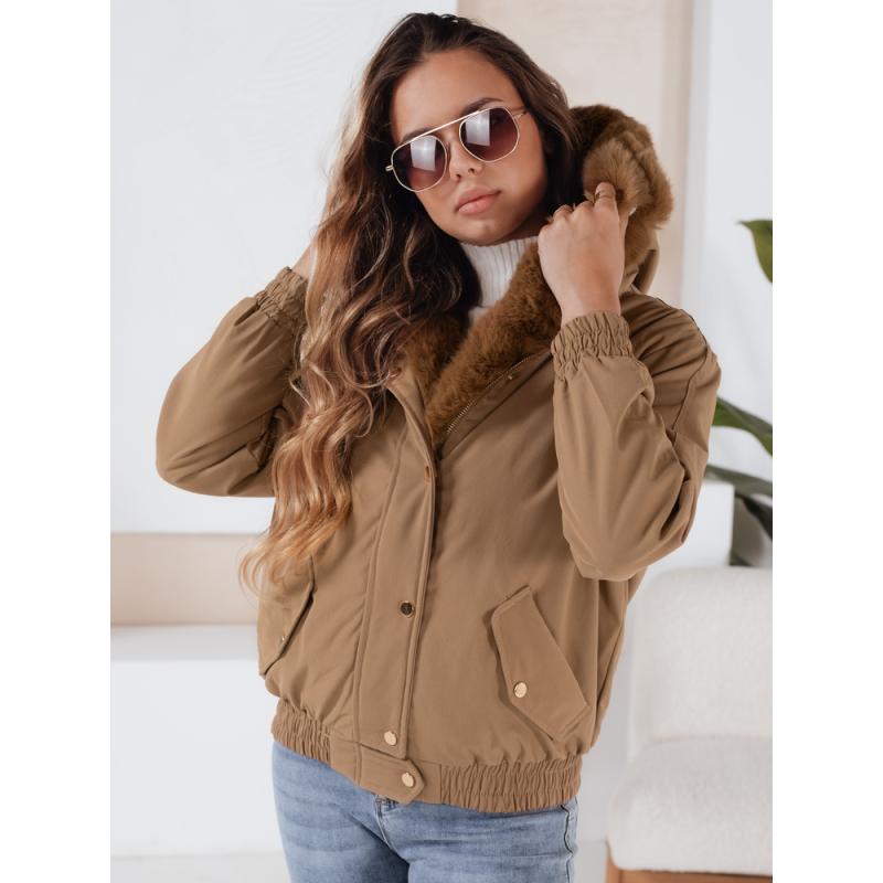 Dámska krátka zimná bunda VESSADA s kožušinkou, svetlo hnedá