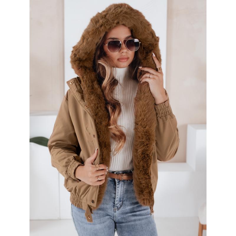 Dámska krátka zimná bunda VESSADA s kožušinkou, svetlo hnedá