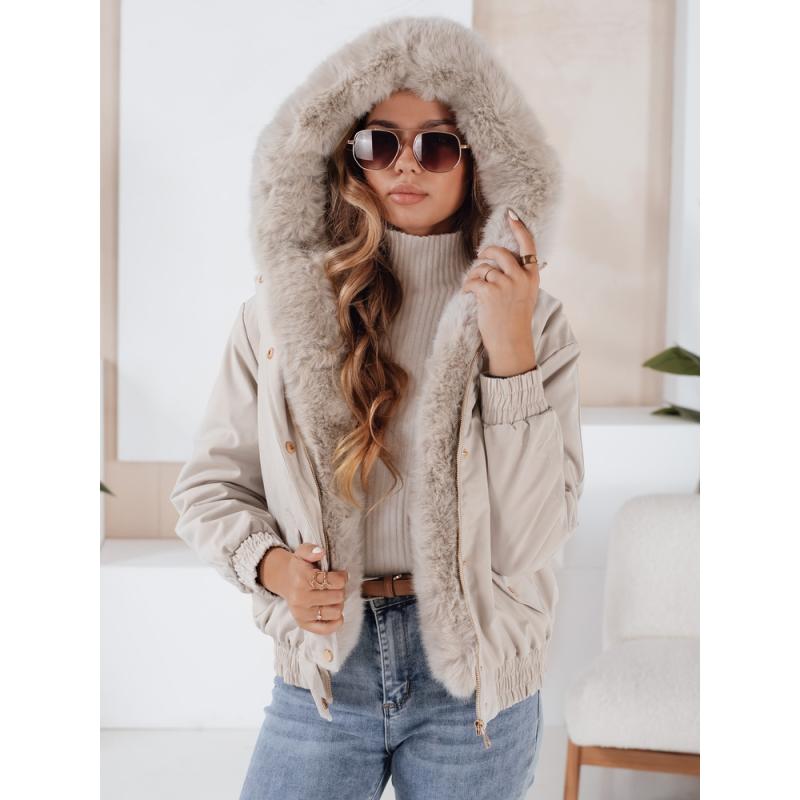 Dámská zimní bunda VESSADA krátká s kožešinou světle béžová