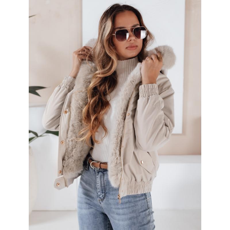 Dámská zimní bunda VESSADA krátká s kožešinou světle béžová