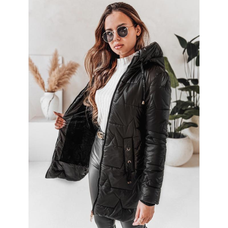 Dámska prešívaná zimná bunda s kapucňou, čierna