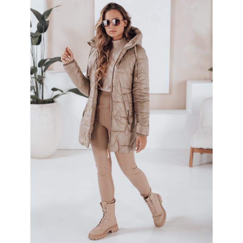 Dámska prešívaná zimná bunda s kapucňou, kamelová