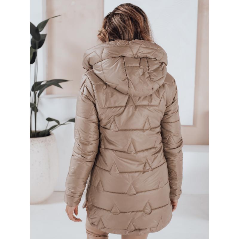 Dámska prešívaná zimná bunda s kapucňou, kamelová