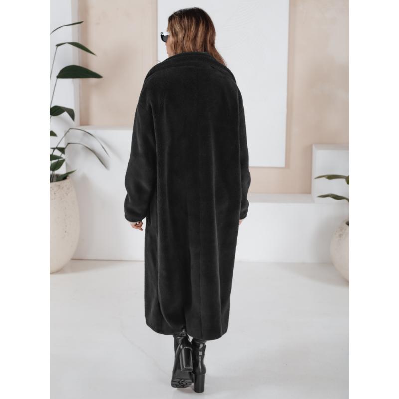 Női téli kabát plüssszőrmeből, hosszú, fekete