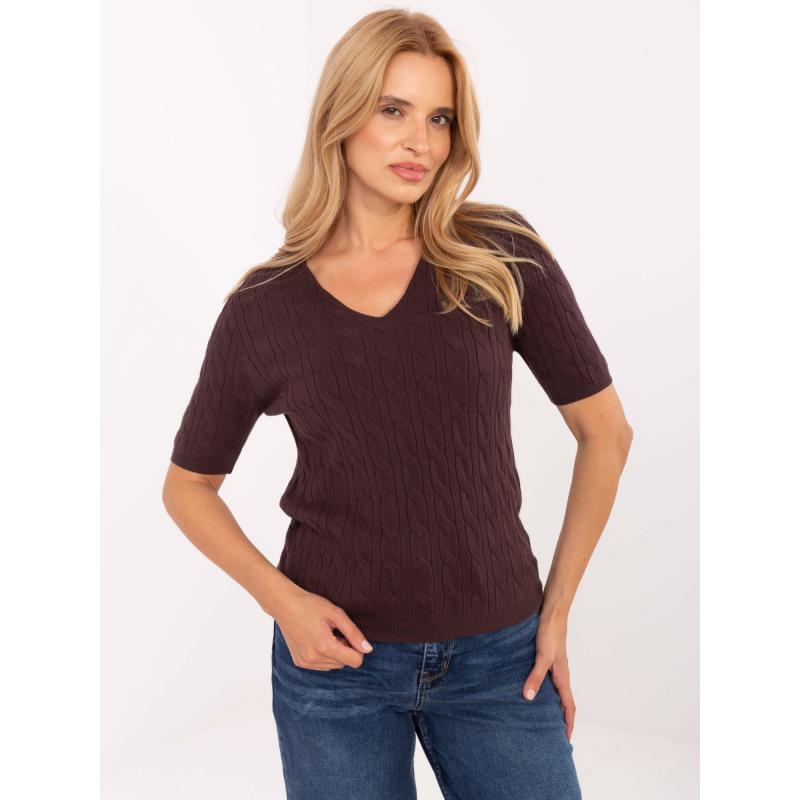 Sötétbarna női pulóver copfokkal