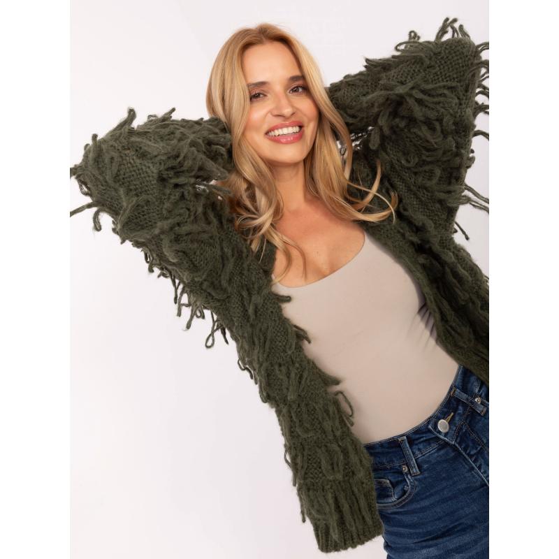 Khaki női kardigán rojtokkal RUE PARIS