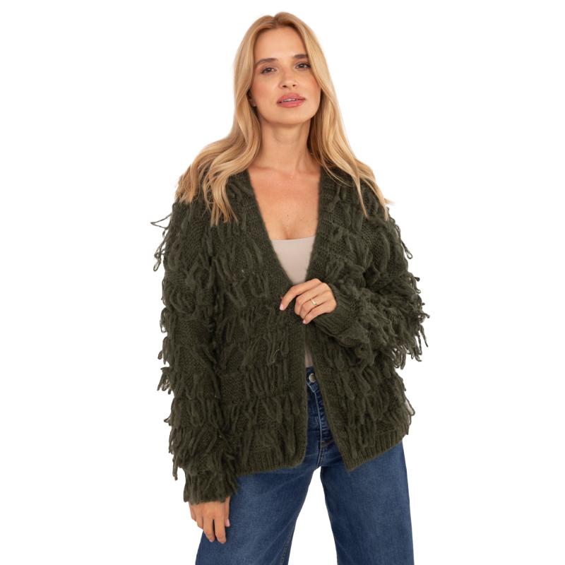 Khaki női kardigán rojtokkal RUE PARIS