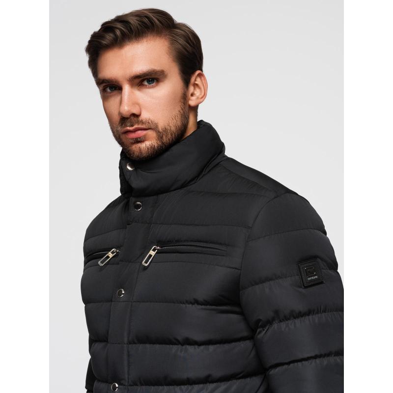 Pánská prošívaná bunda s stojáčkem a zipy na hrudi – černá V1 OM-JALP-0260