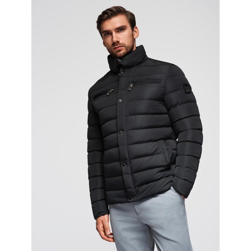 Pánská prošívaná bunda s stojáčkem a zipy na hrudi – černá V1 OM-JALP-0260