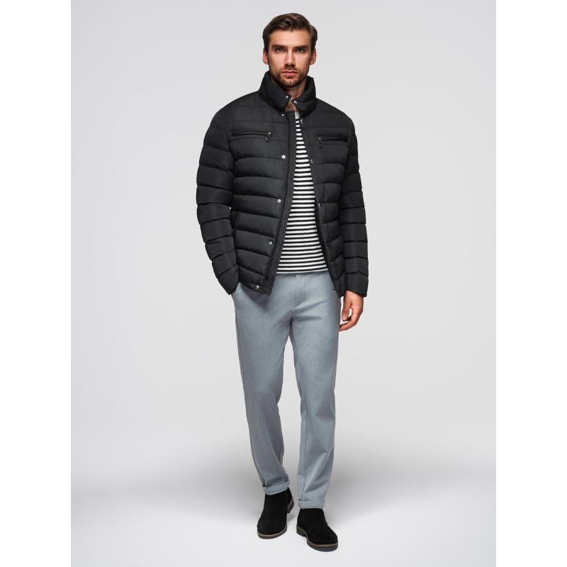 Pánská prošívaná bunda s stojáčkem a zipy na hrudi – černá V1 OM-JALP-0260