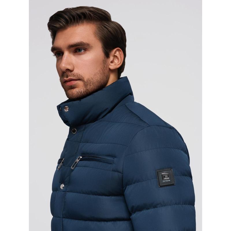 Pánská prošívaná bunda s stojáčkem a zipy na hrudi – tmavě modrá V2 OM-JALP-0260