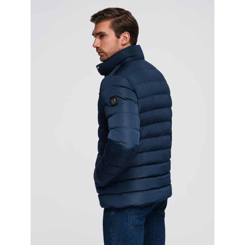 Pánská prošívaná bunda s stojáčkem a zipy na hrudi – tmavě modrá V2 OM-JALP-0260