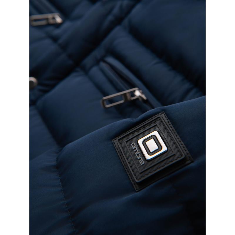 Pánská prošívaná bunda s stojáčkem a zipy na hrudi – tmavě modrá V2 OM-JALP-0260