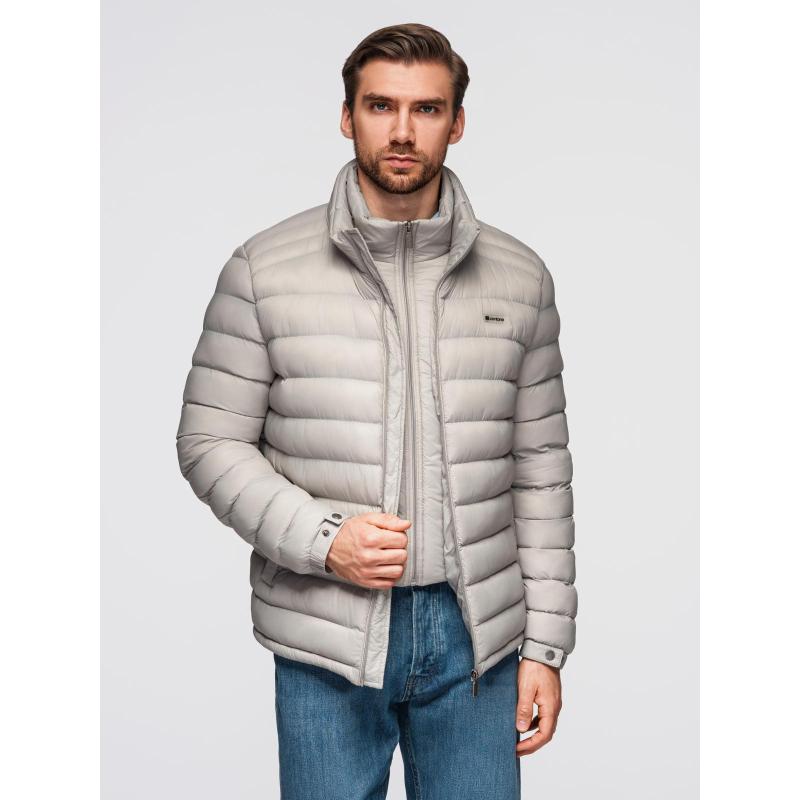 Pánská prošívaná bunda s stojáčkem a zipy na hrudi – tmavě modrá V2 OM-JALP-0260