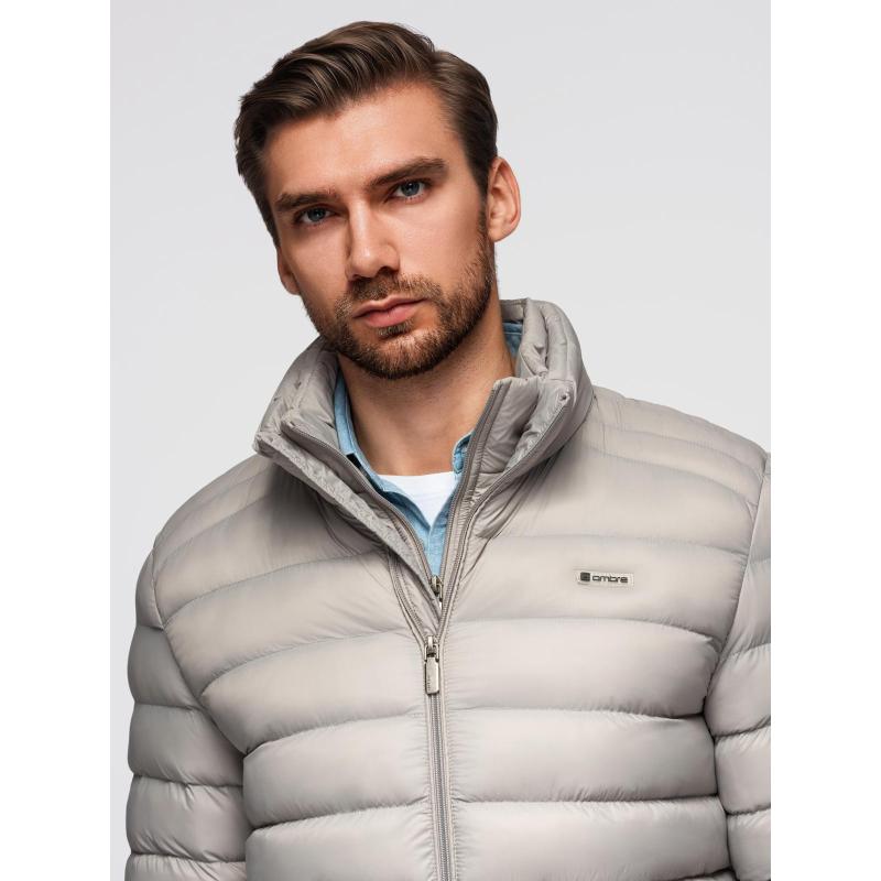 Pánská prošívaná bunda s stojáčkem a zipy na hrudi – tmavě modrá V2 OM-JALP-0260