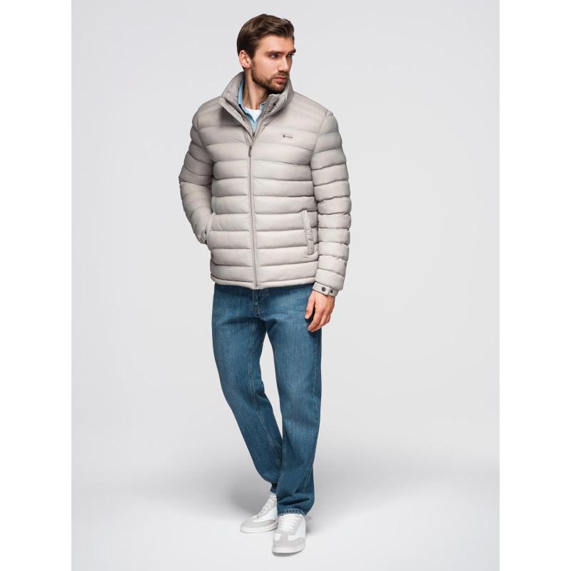 Pánská prošívaná bunda s stojáčkem a zipy na hrudi – tmavě modrá V2 OM-JALP-0260