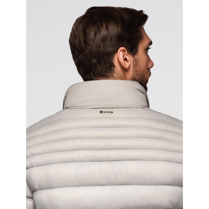 Pánská prošívaná bunda s stojáčkem a zipy na hrudi – tmavě modrá V2 OM-JALP-0260