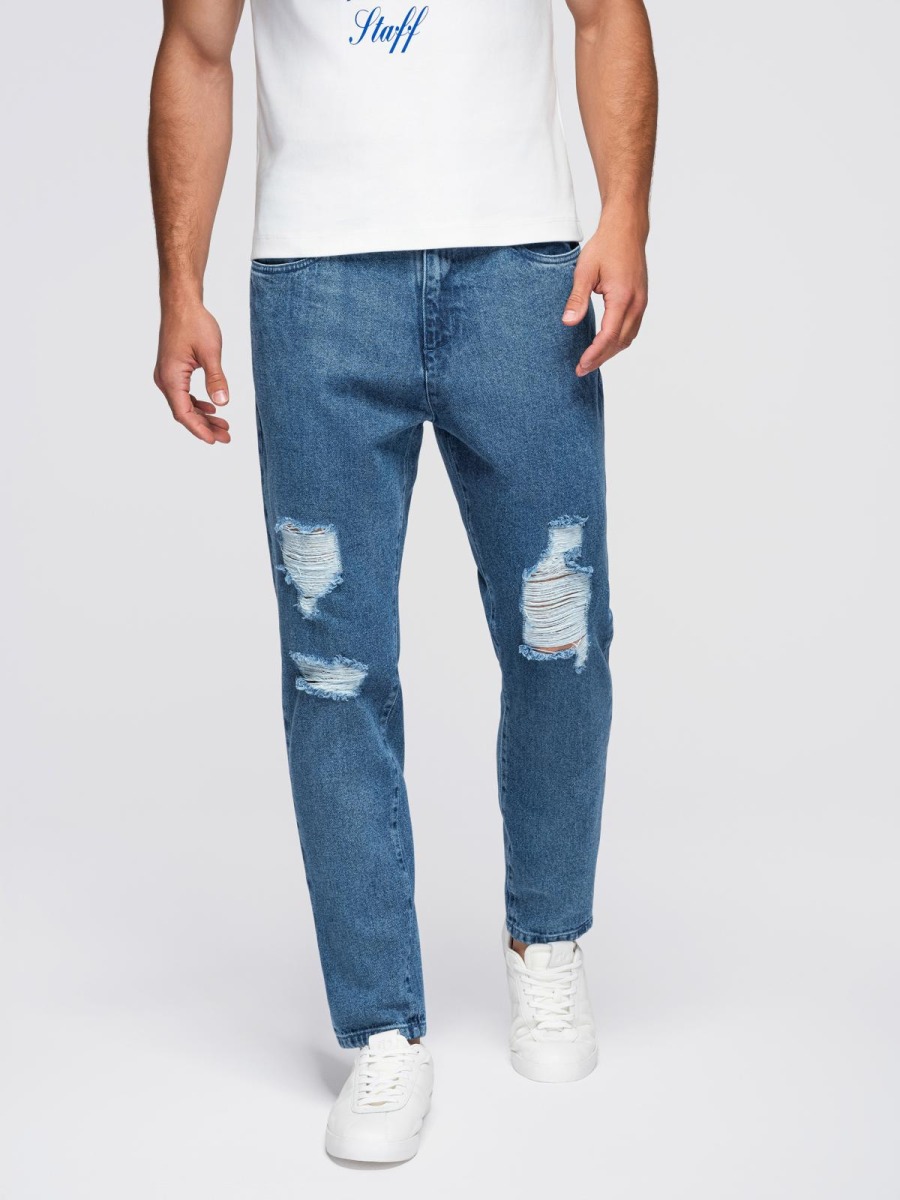 Pánské carrot fit džínové jogger kalhoty s potrhanými detaily, modré