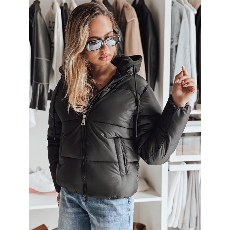 Dámska krátka péřová bunda GLAMVO s kapucňou, čierna