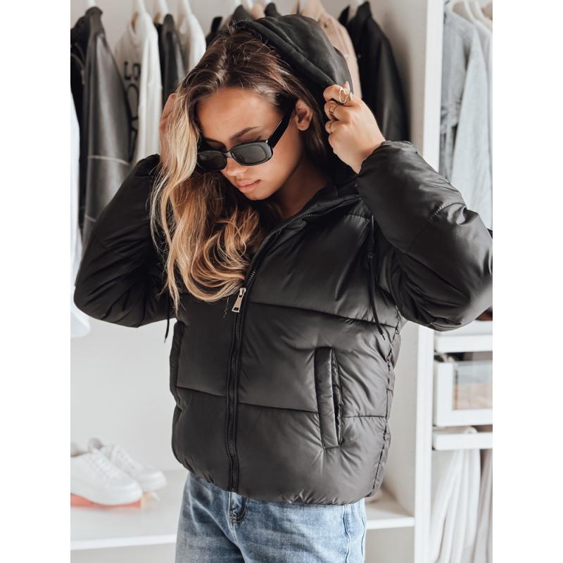 Dámska krátka péřová bunda GLAMVO s kapucňou, čierna