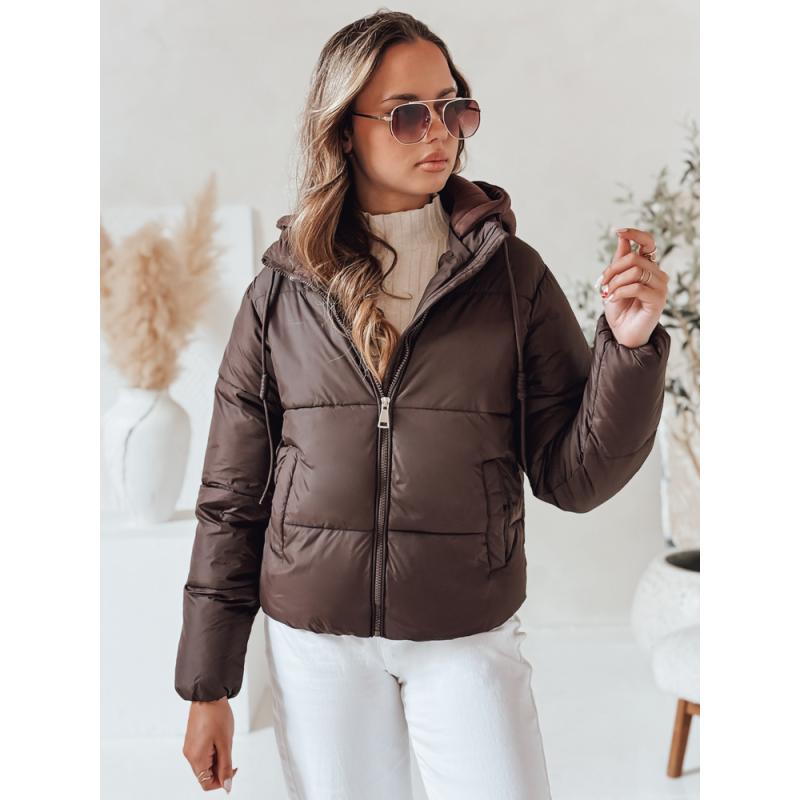Dámska krátka péřová bunda GLAMVO s kapucňou, hnedá