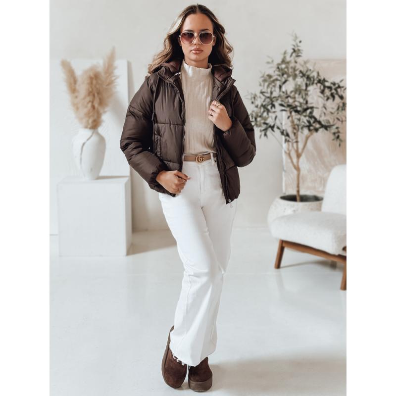 Dámska krátka péřová bunda GLAMVO s kapucňou, hnedá