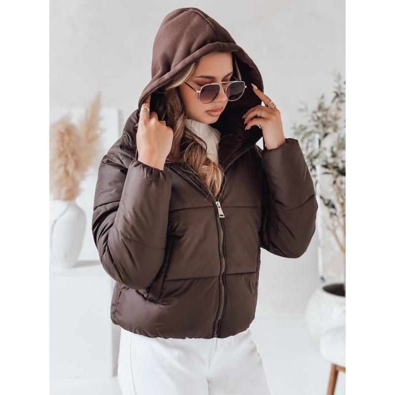 Dámska krátka péřová bunda GLAMVO s kapucňou, hnedá