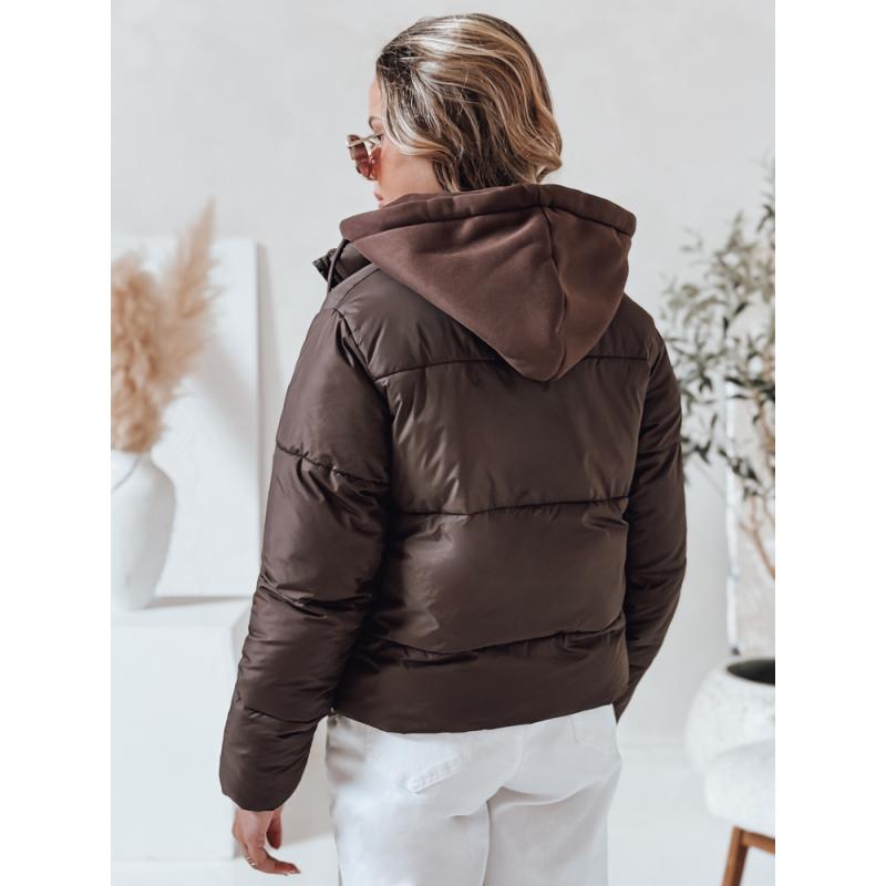 Dámska krátka péřová bunda GLAMVO s kapucňou, hnedá
