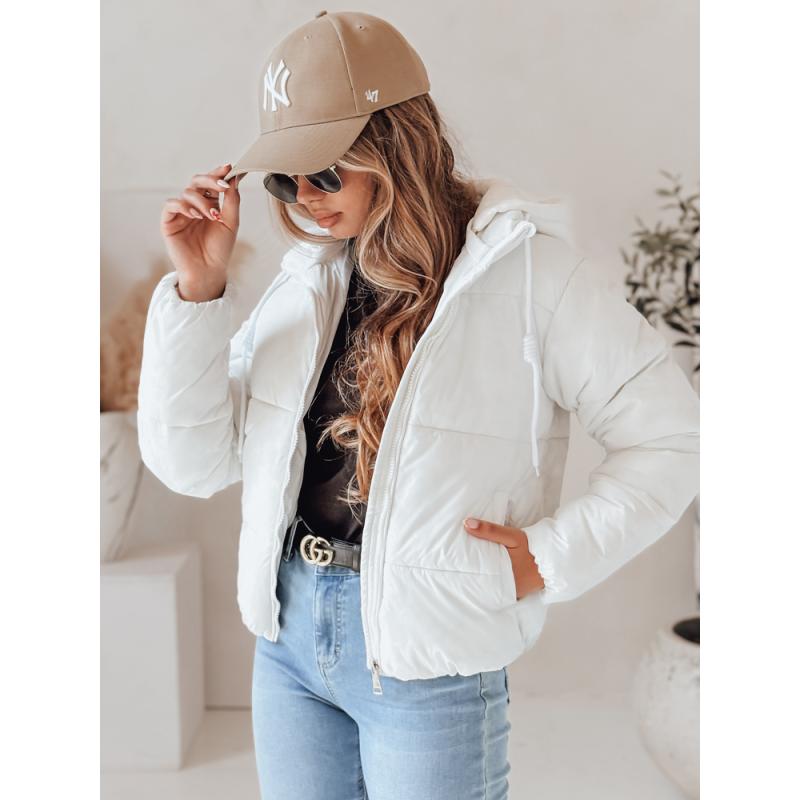 Dámska krátka péřová bunda GLAMVO s kapucňou, biela