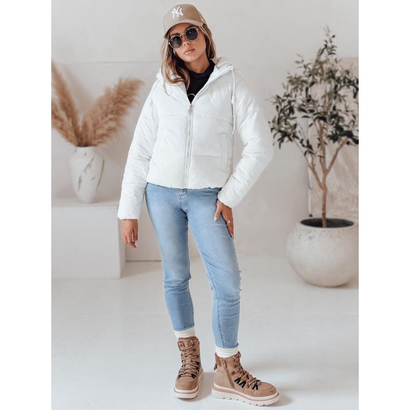 Dámska krátka péřová bunda GLAMVO s kapucňou, biela