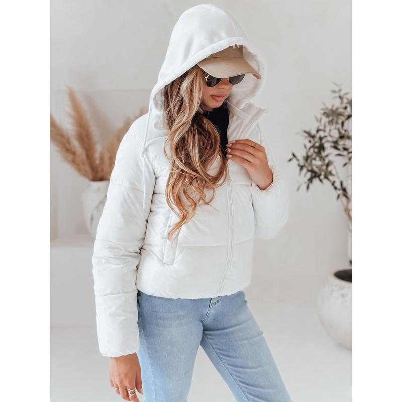 Dámska krátka péřová bunda GLAMVO s kapucňou, biela