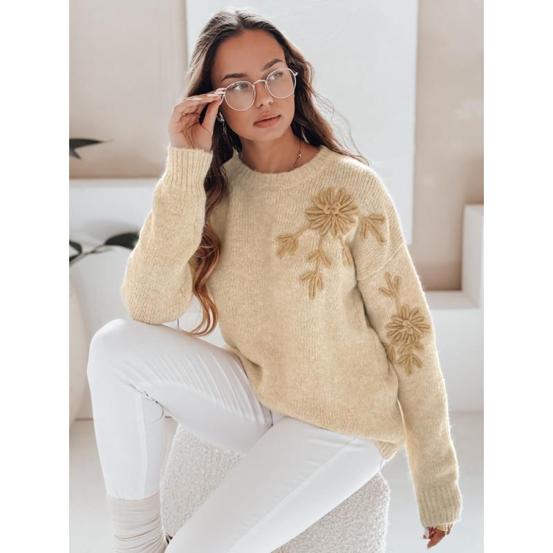 Dámský svetr s květinovou aplikací GIRLHERBAL, krémový